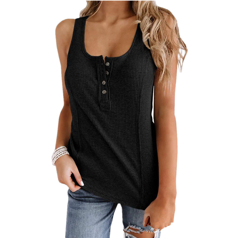 Solid Color Button Sleeveless Tank Tops