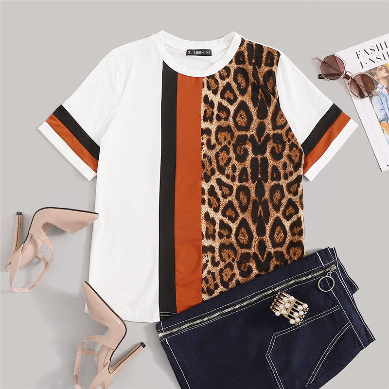 White Color Block Cut-and-Sew Leopard Panel Tshirts