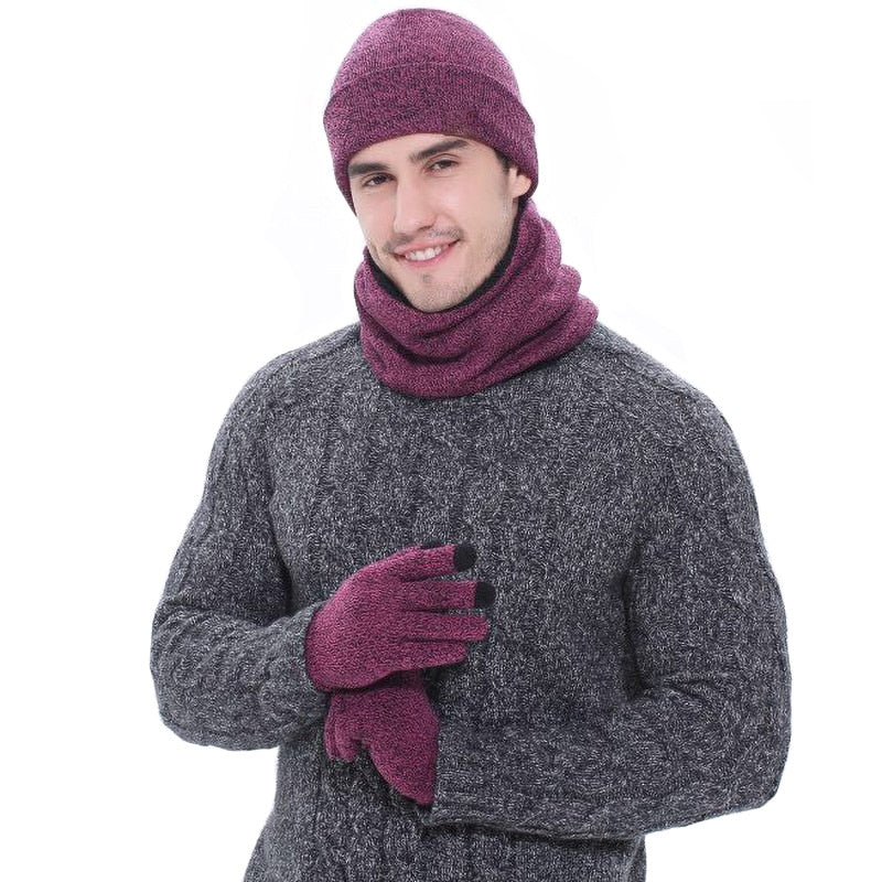 Winter men's hats, scarves, gloves, suits, fashion knitting and velvet hats, scarves, kits, men's 3 pieces/sets