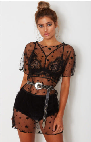 Black sexy stars round neck short sleeve perspective mesh women's clothing