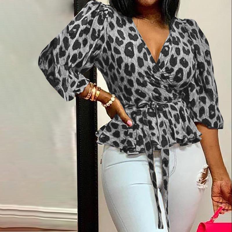 Cross Border Large V-Neck Long Sleeve Loose Leopard Print Top Women's Clothing
