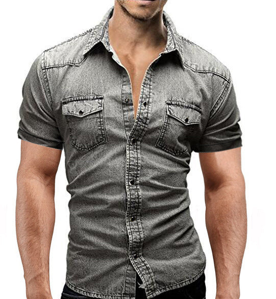 Denim Short-sleeved Slim Shirt