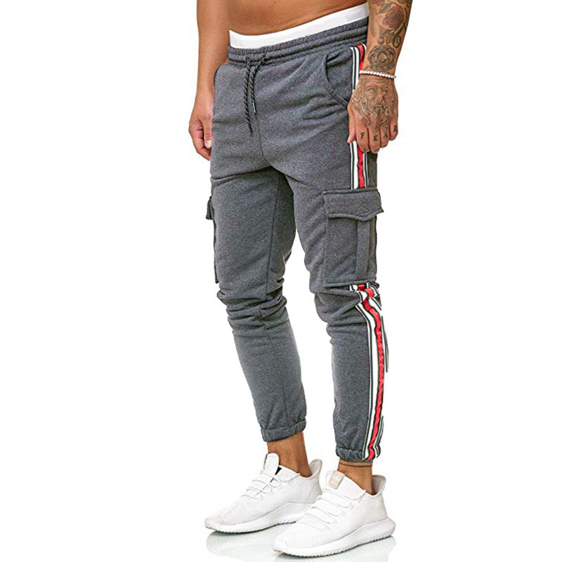 Drawstring Knee Pocket Design Striped Sport Trousers