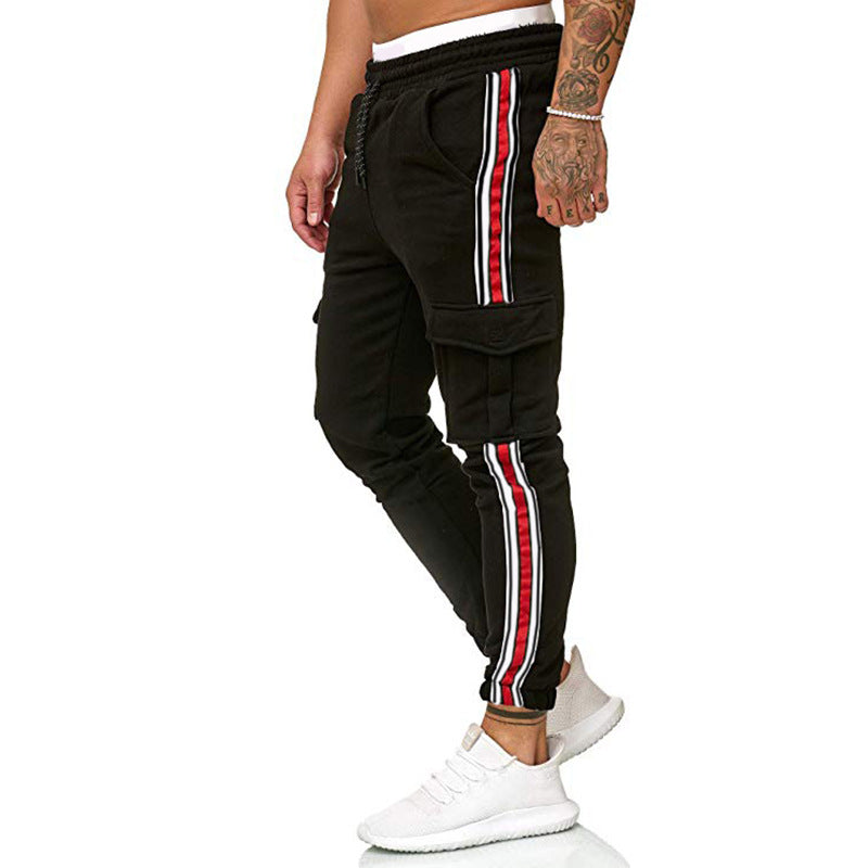 Drawstring Knee Pocket Design Striped Sport Trousers