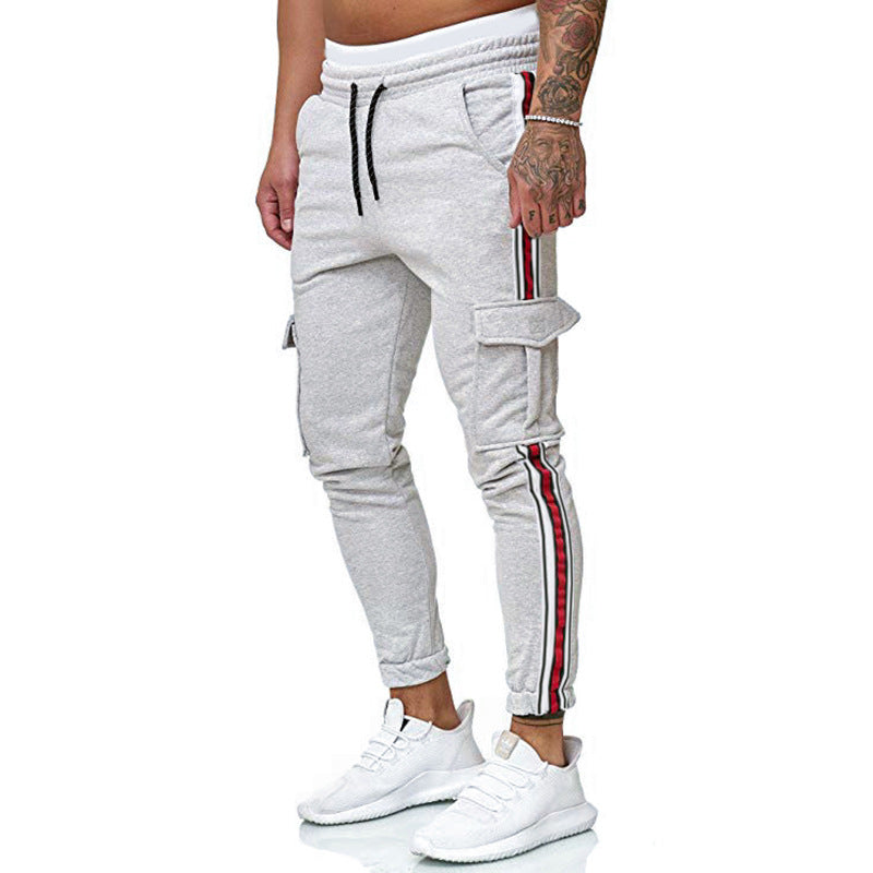 Drawstring Knee Pocket Design Striped Sport Trousers