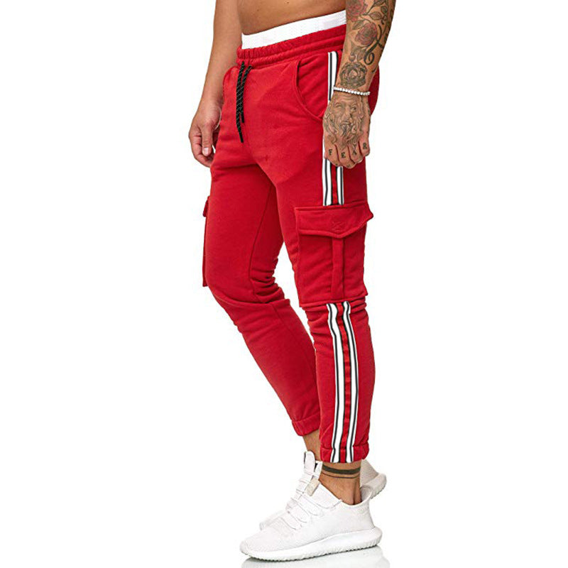 Drawstring Knee Pocket Design Striped Sport Trousers