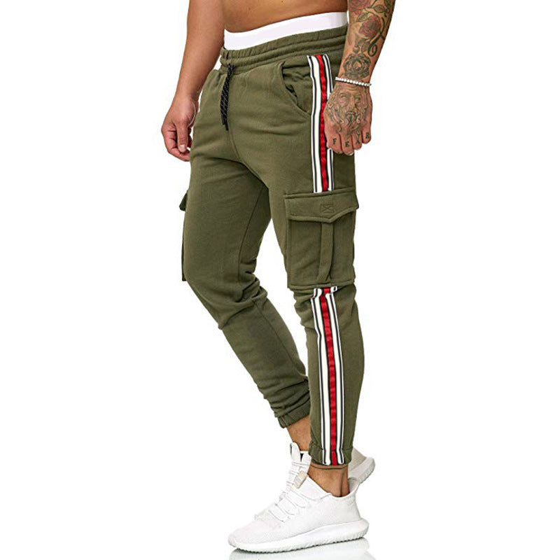 Drawstring Knee Pocket Design Striped Sport Trousers