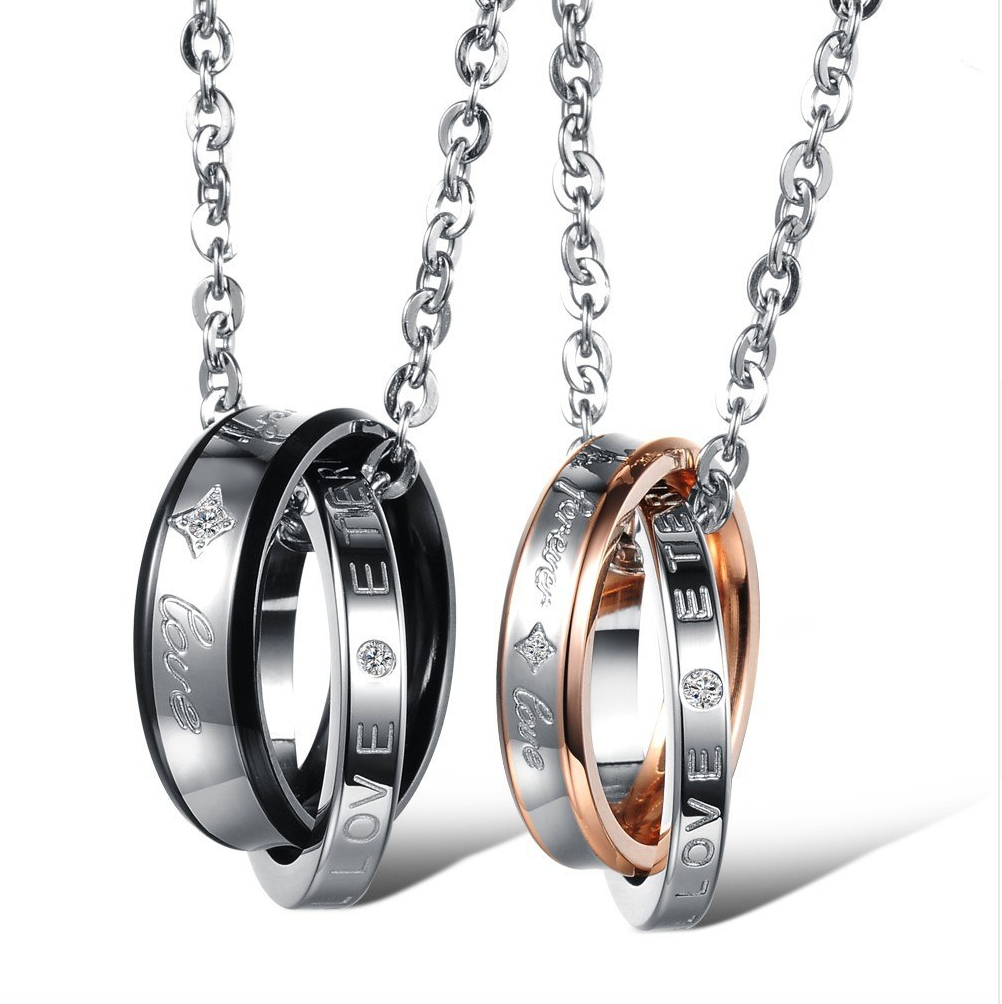 Double circle pendant Zircon titanium steel pendant for men and women couple