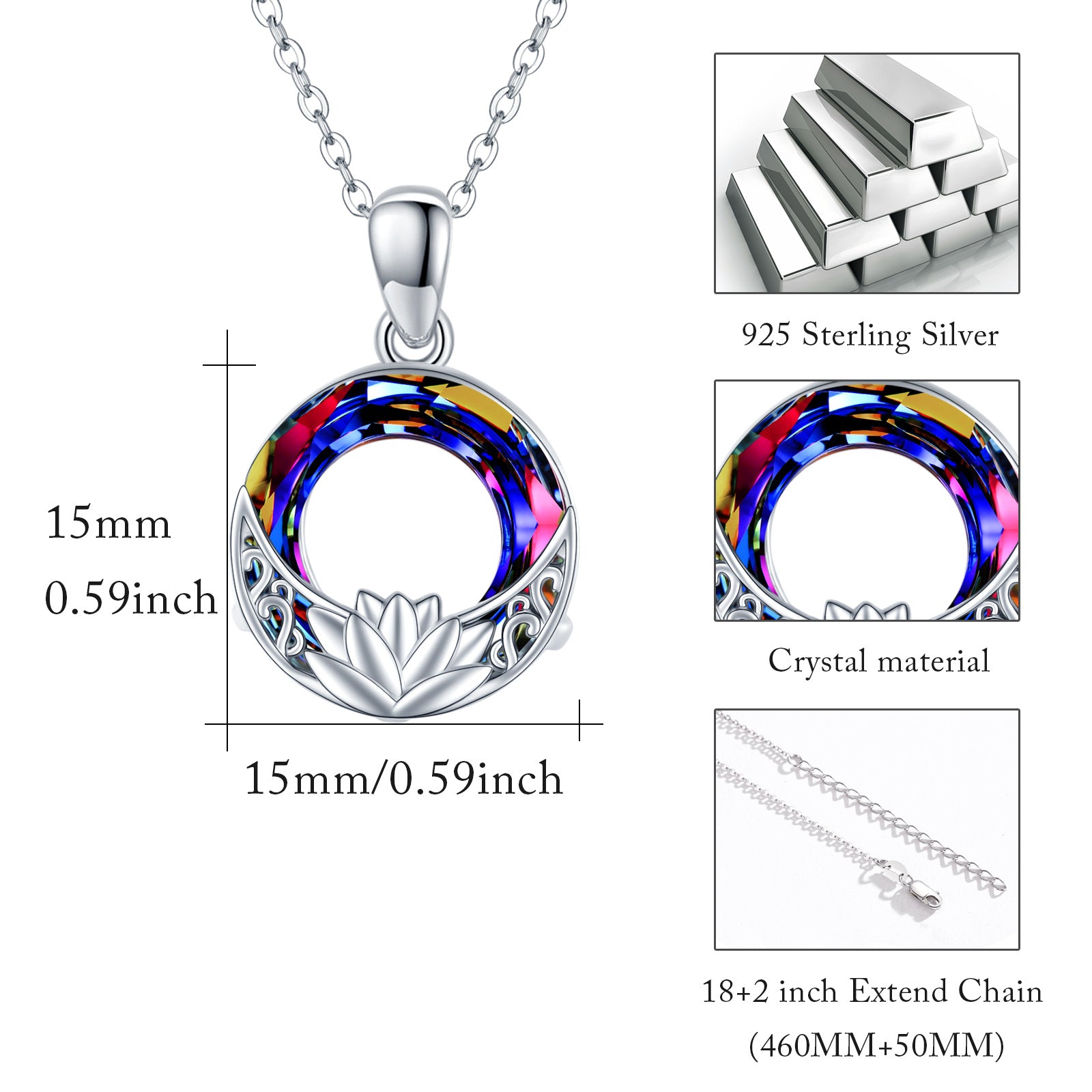 Crystal Sterling Silver Necklace Lotus Amulet Protection Good Luck