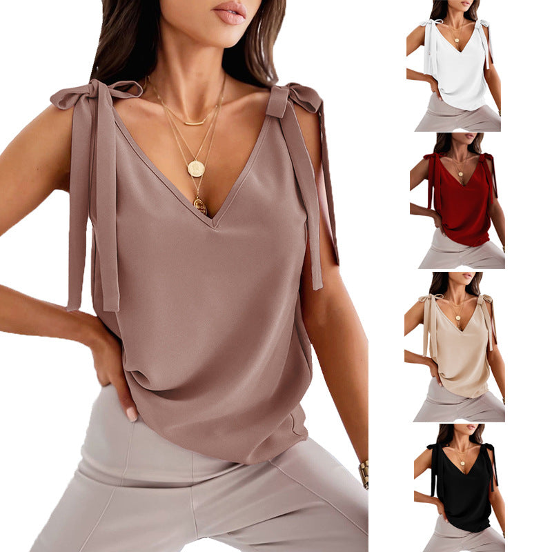 Bowknot Tie Up Camisole V-neck Tanks