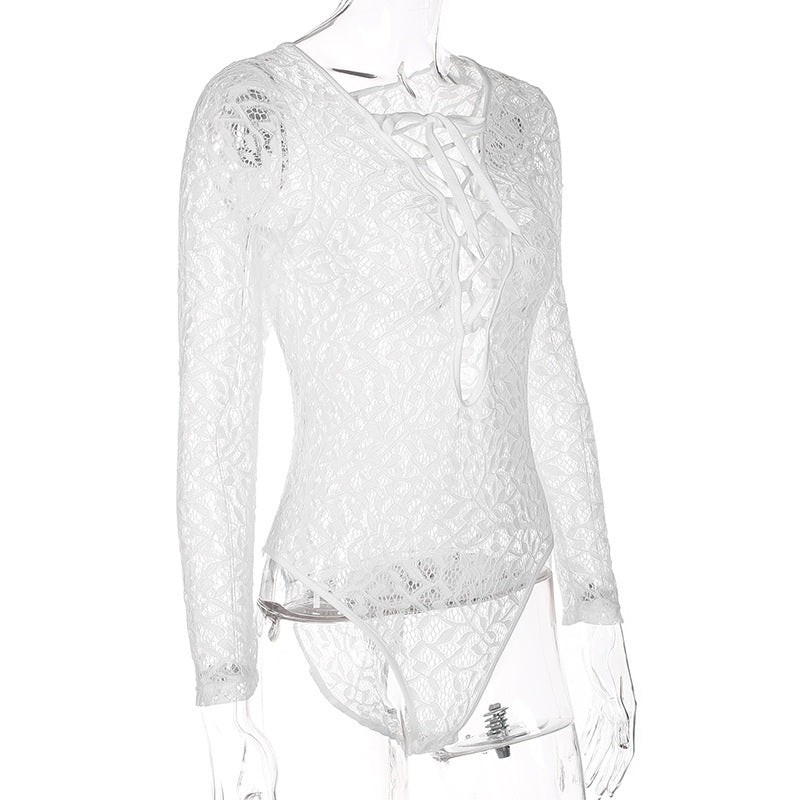 Rompers Jumpsuit Short Lace Bodysuits Tie Fashion Deep V Hollow out Jumpsuit White