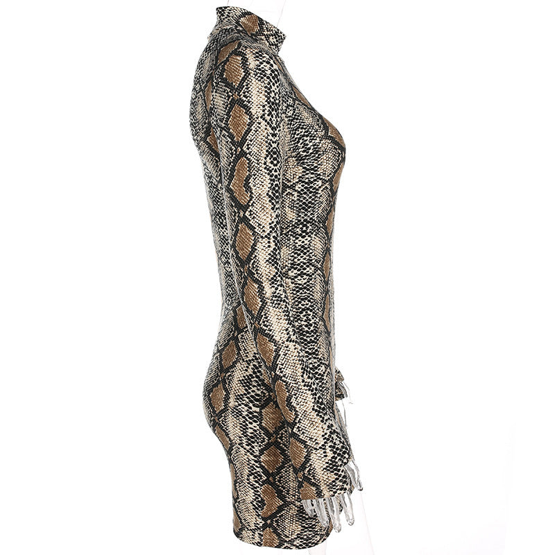 Women Fashion Print Long Sleeve Snake Grain Hip Sexy Dress Mini Dress