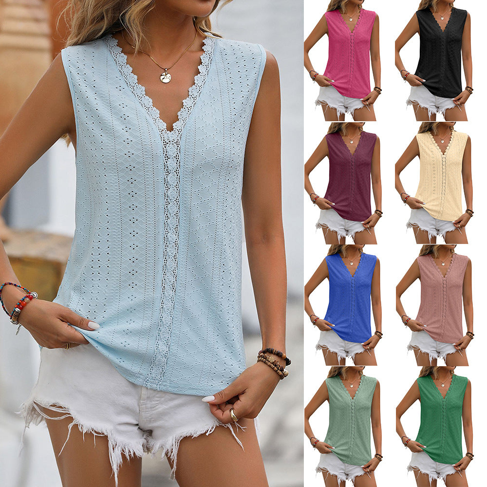 Lace V-neck Sleeveless Hollow Out Tank