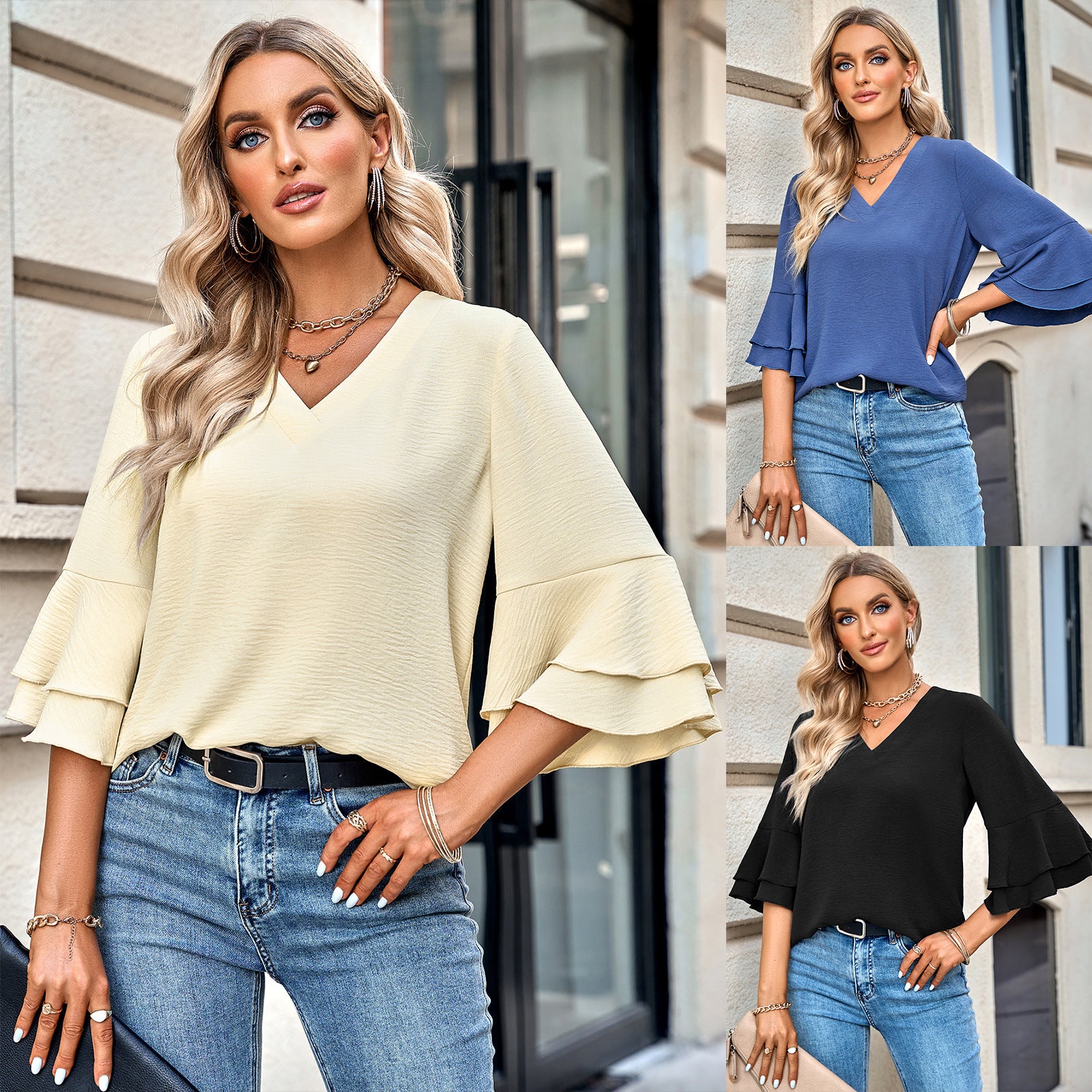 Solid Color Loose V-neck Ruffle Top Women's Clothing
