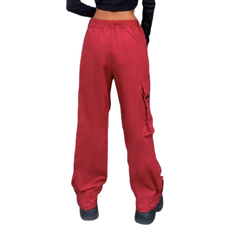 Women's Hip Hop Wide Belted Red Cargo Pants