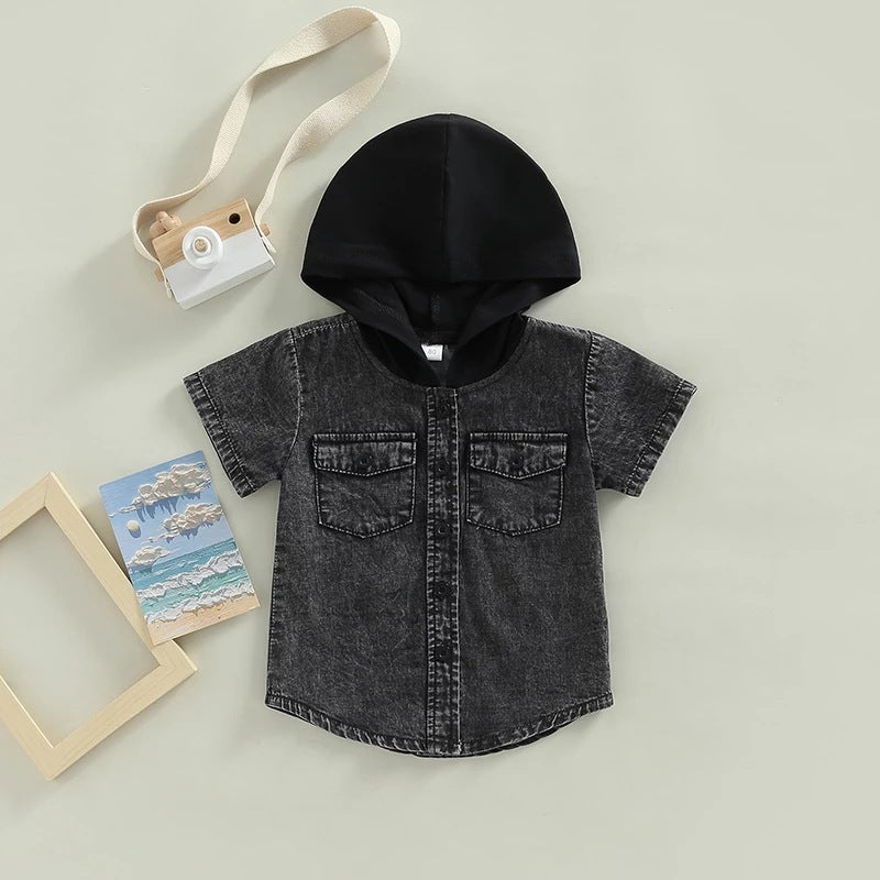 Boy Hooded Single-breasted Denim Shirt