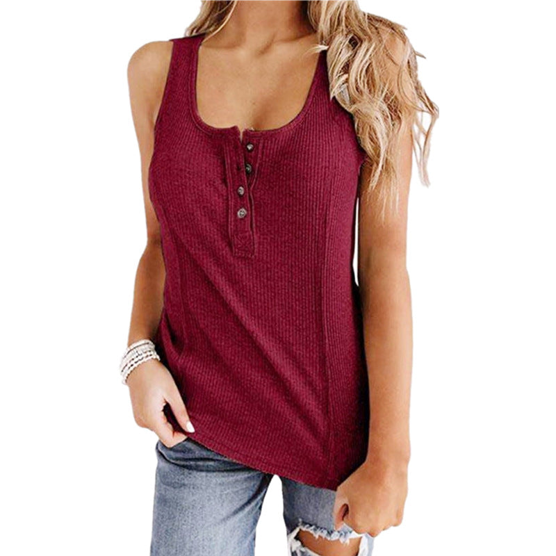 Solid Color Button Sleeveless Tank Tops