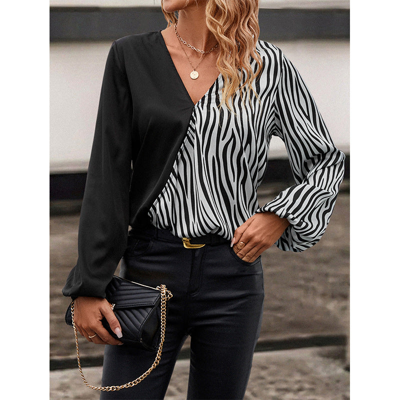 Women's Clothing Zebra V-neck Slim Fit Slimming Long Sleeves Shirt