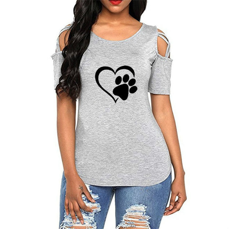 Cute Heart Paw Printed Strapless T-shirt
