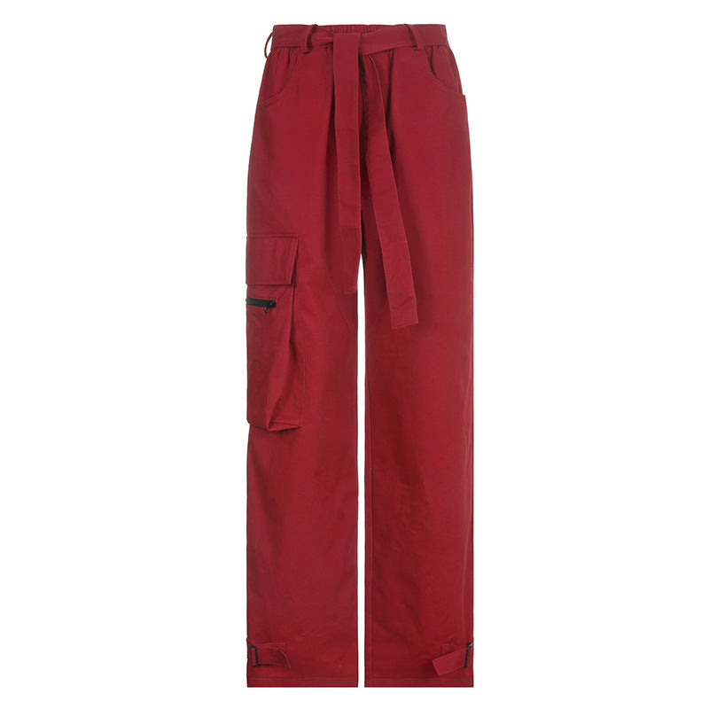 Women's Hip Hop Wide Belted Red Cargo Pants