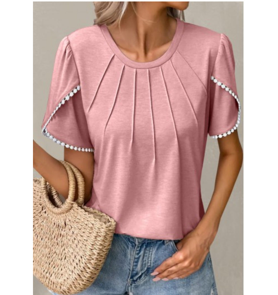 Summer New Round Neck Tassel Tulip Sleeve T-shirt Casual Top For Women
