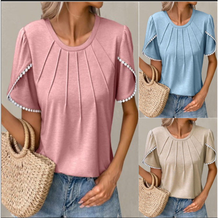 Summer New Round Neck Tassel Tulip Sleeve T-shirt Casual Top For Women